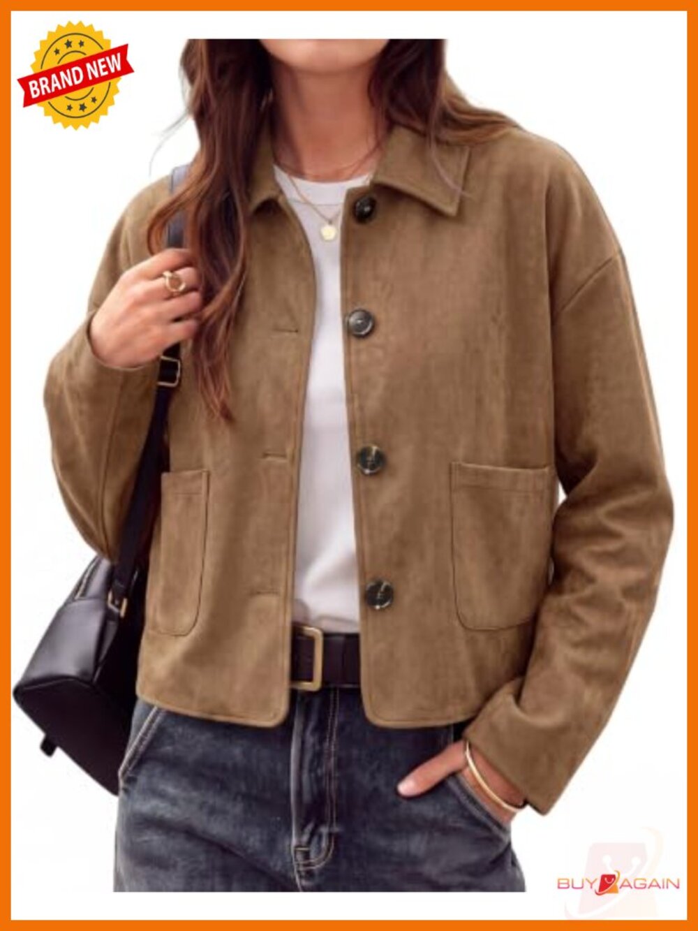 Faux Suede Cropped Casual Jacket Womens Button Front Lightweight